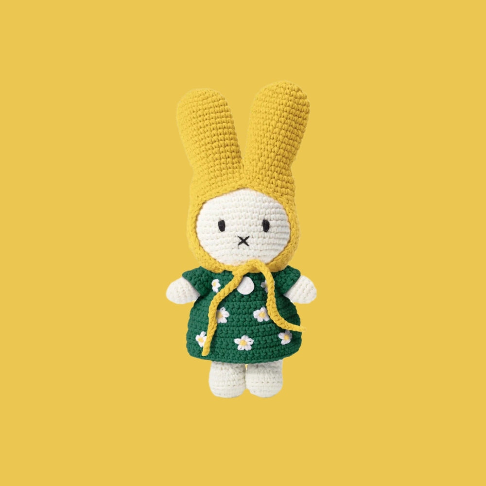 Just Dutch Miffy crochet bunny stuffed toy in green floral dress and yellow hat