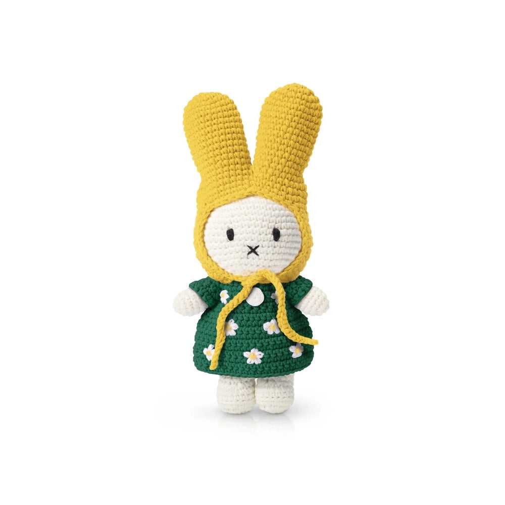 Just Dutch Miffy crochet plush toy in green daisy dress with yellow hat, stuffed bunny figure