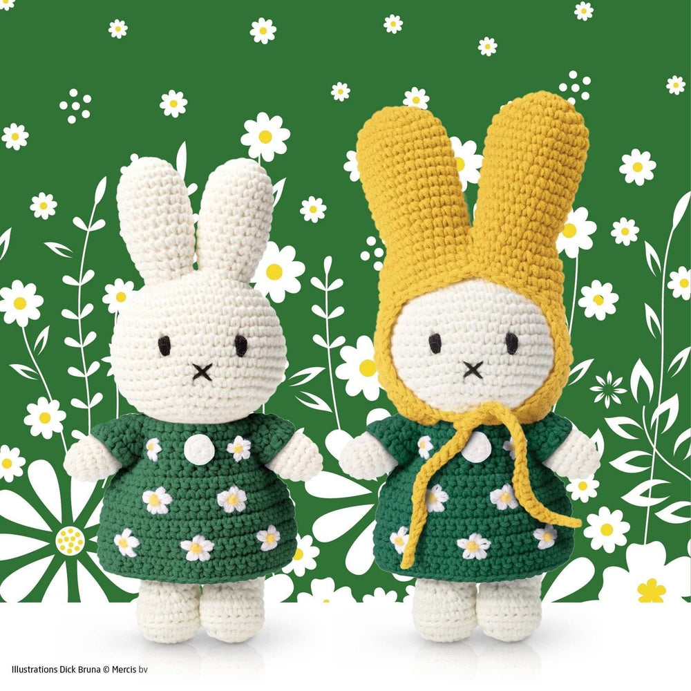 Just Dutch Miffy plush bunnies, 2-pack in green flower dresses with one yellow hood.