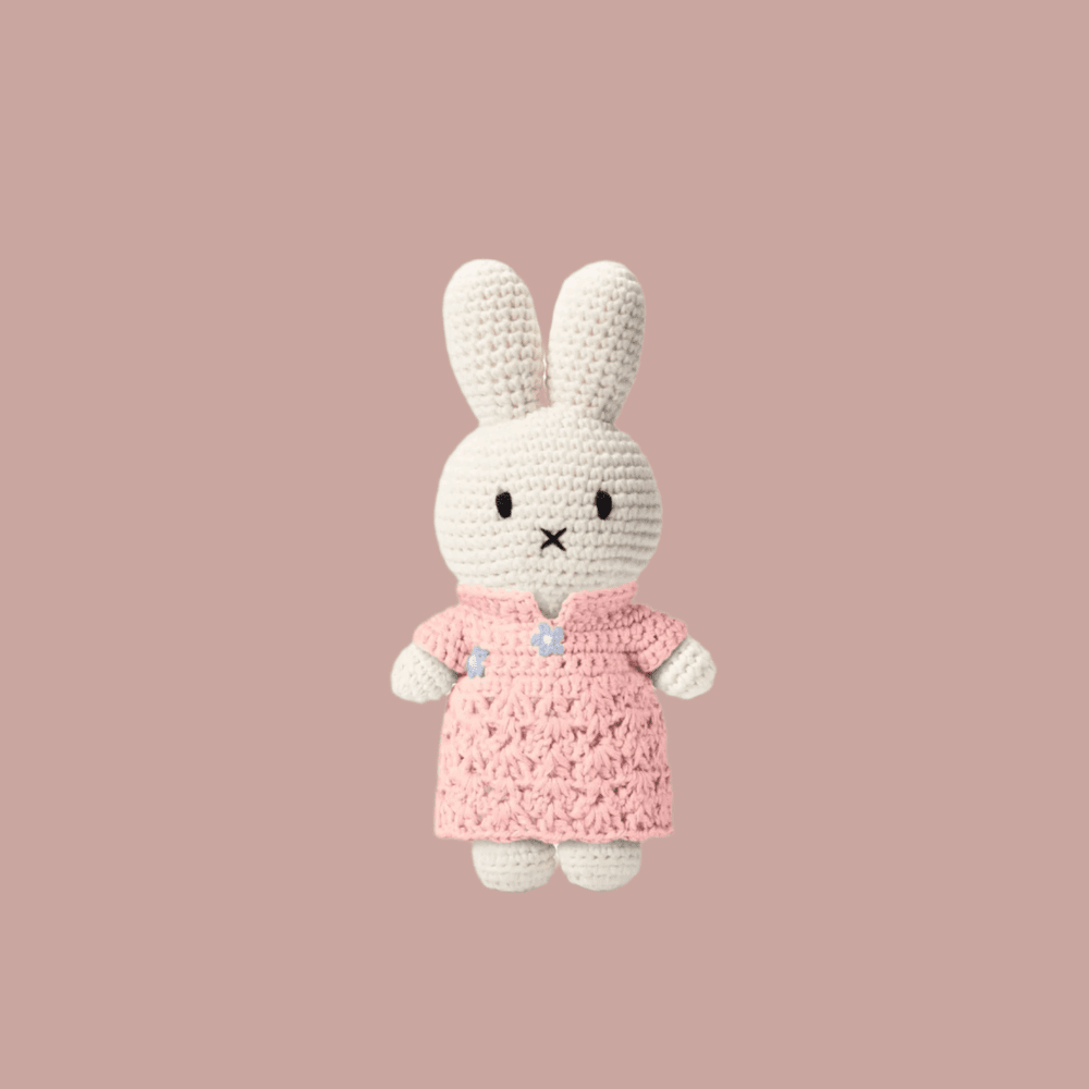 Just Dutch Miffy plush bunny in a pink crocheted qipao dress, limited edition toy