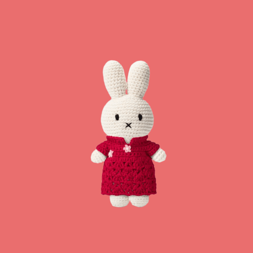 Just Dutch Miffy crochet bunny plush in a red qipao dress, limited edition