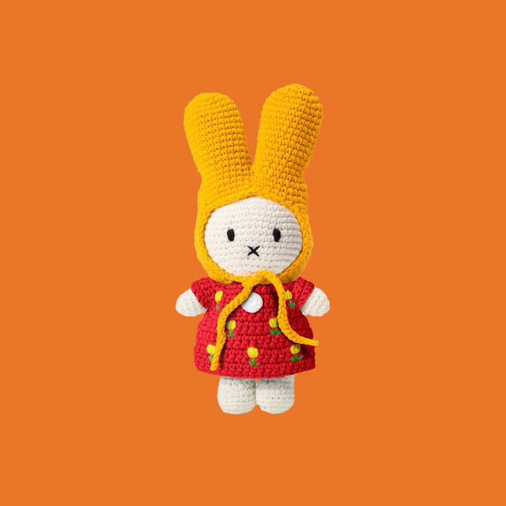 Just Dutch Miffy plush bunny, red tulip dress with yellow hat