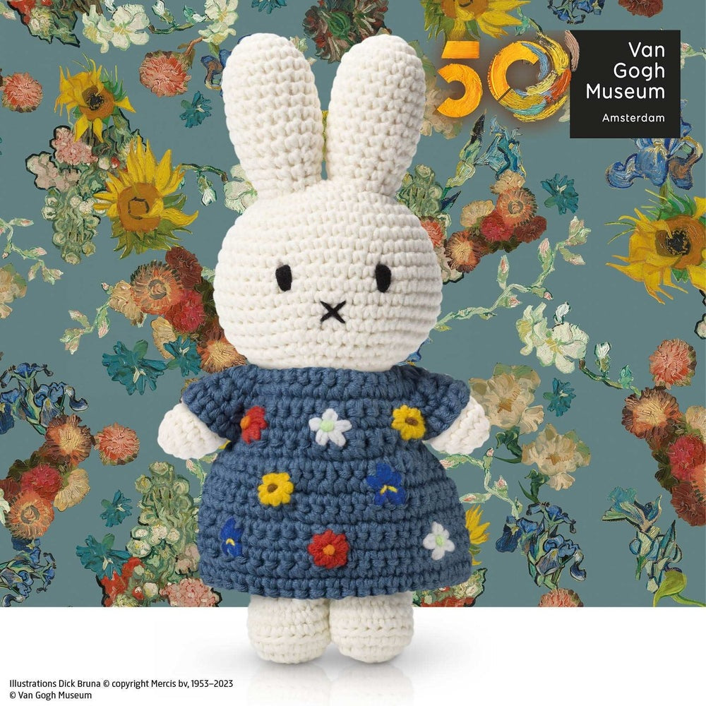 Just Dutch Miffy crochet bunny plush in a blue floral dress