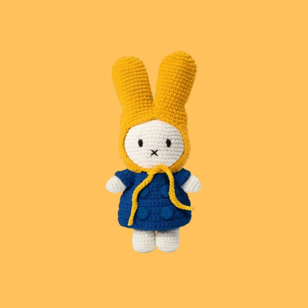 Just Dutch Miffy Winter Coat With Yellow Hat plush bunny wearing a blue coat, cozy stuffed toy.