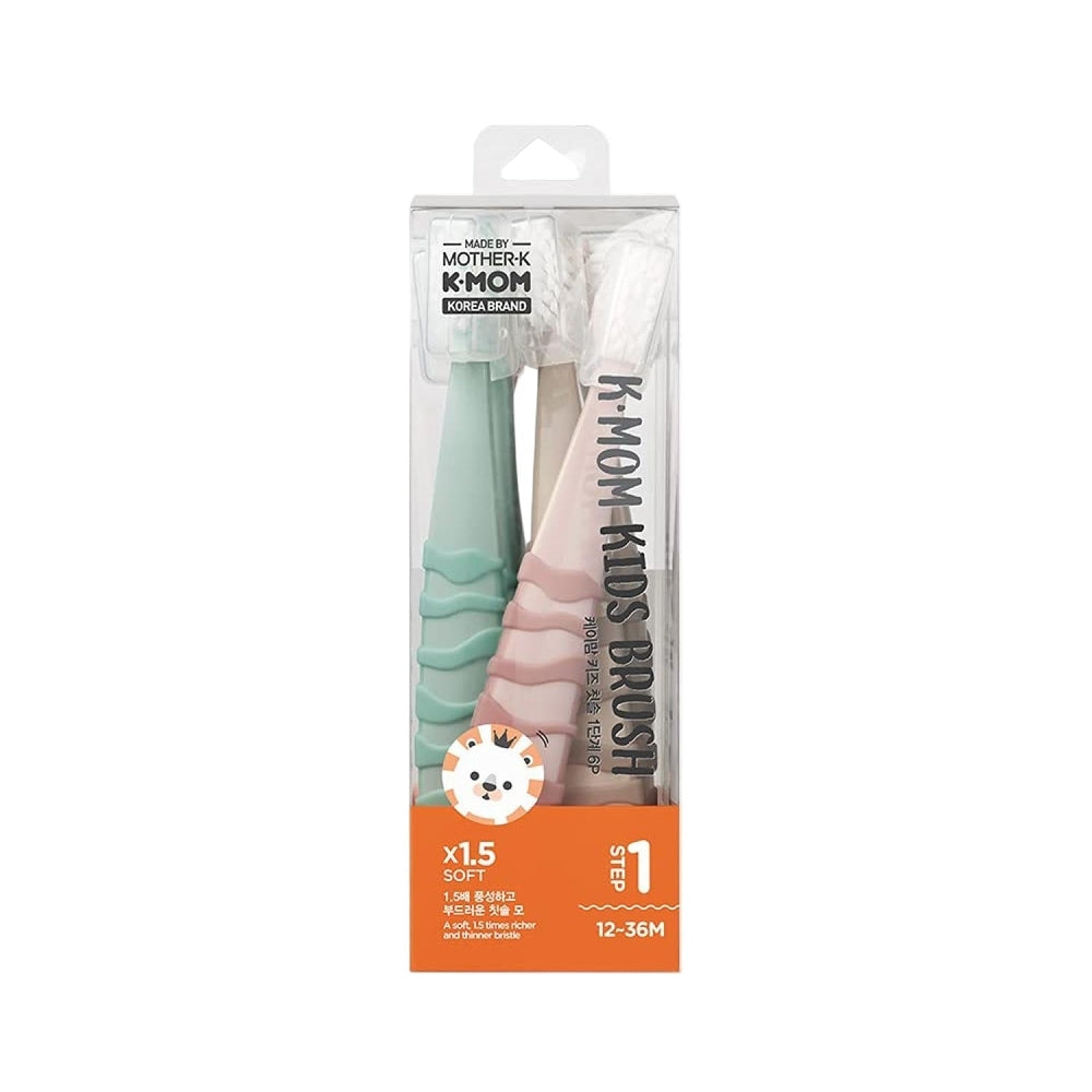 K Mom Brush Step 1 value pack: two pastel toothbrushes in mint green and pink with soft bristles.