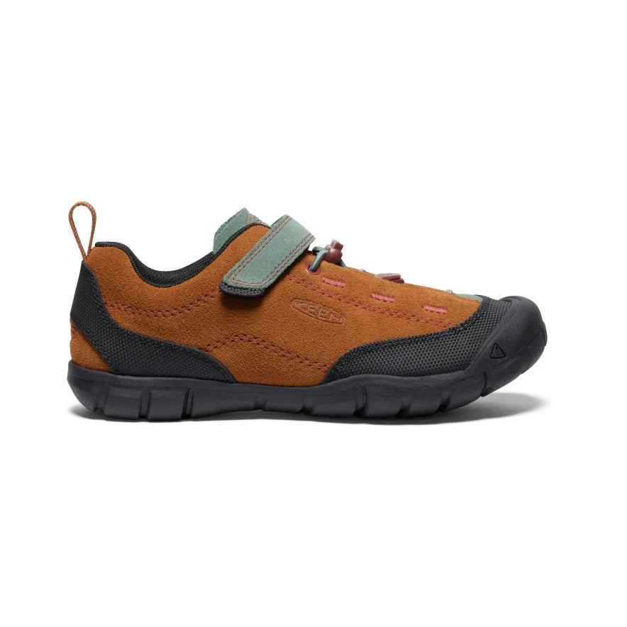 Keen Jasper II Maple Dark Forest toddler shoe; orange-brown suede with teal strap and black sole
