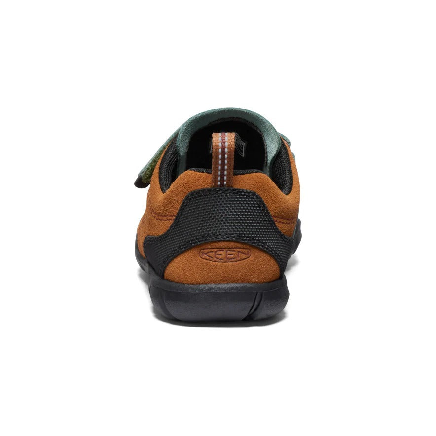 Keen Big Kids' Jasper II Maple Dark Forest shoe, brown suede with black heel and green interior, back view