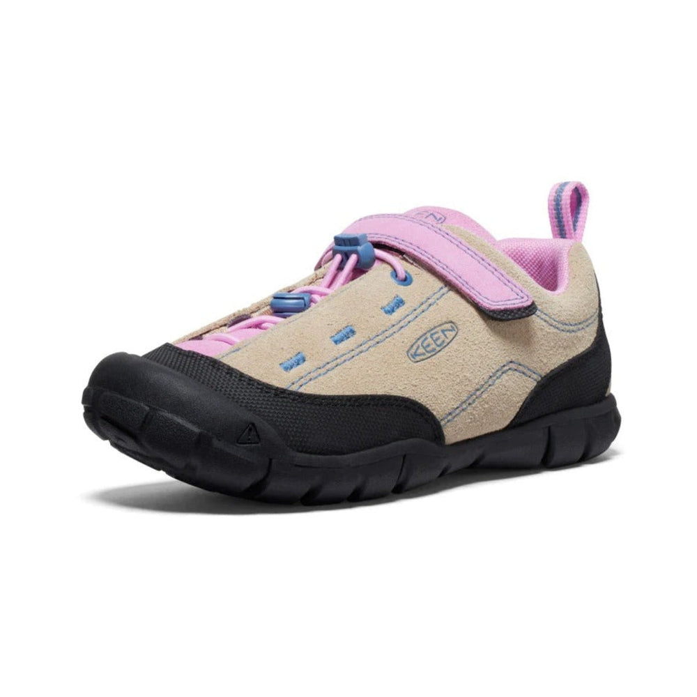 KEEN Big Kids' Jasper II Safari pastel lavender sneaker; beige suede upper with pink accents, black outsole