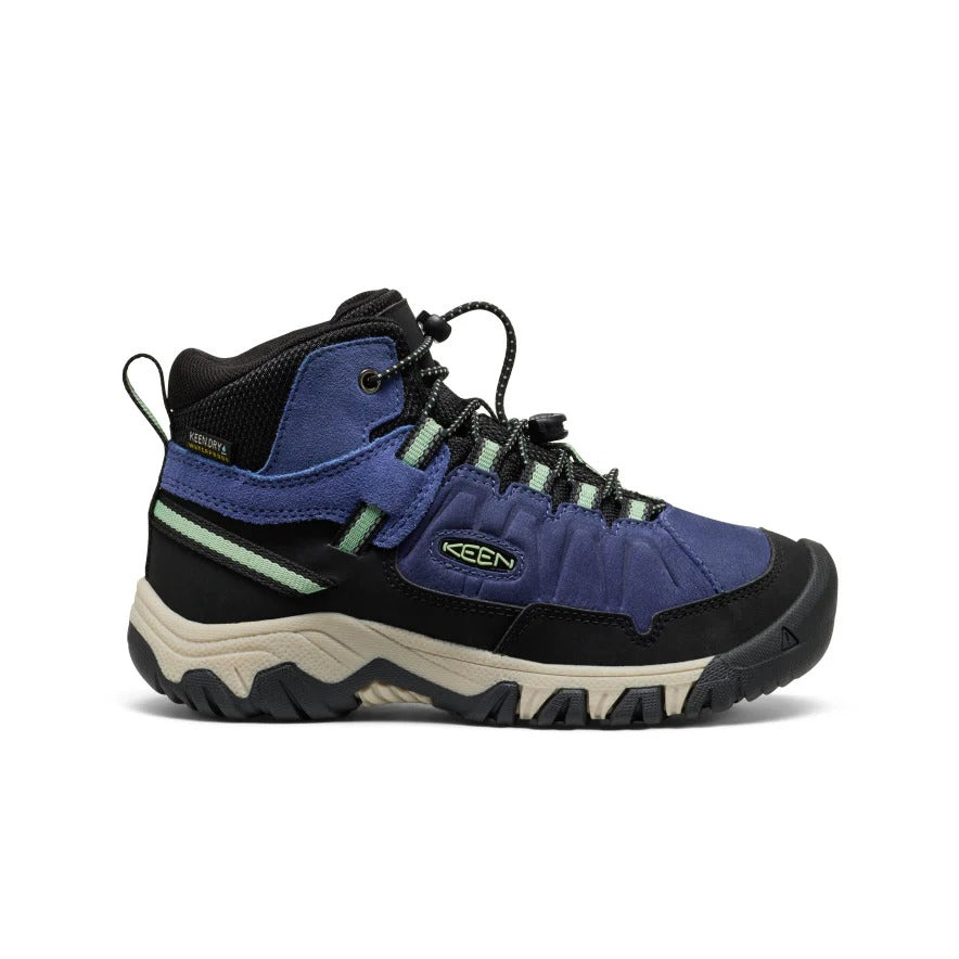 KEEN Big Kids' Targhee IV waterproof hiking boot in blue Hemlock with black overlays and beige outsole