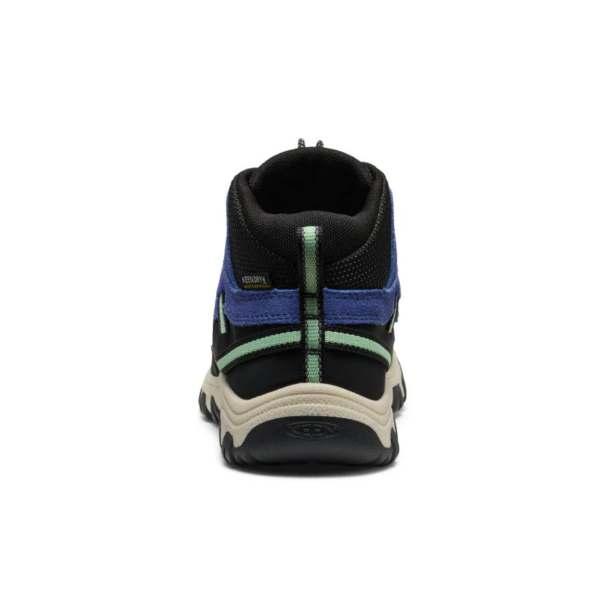 KEEN Big Kids' Targhee IV waterproof hiking boot in blue Hemlock with black upper and green trim