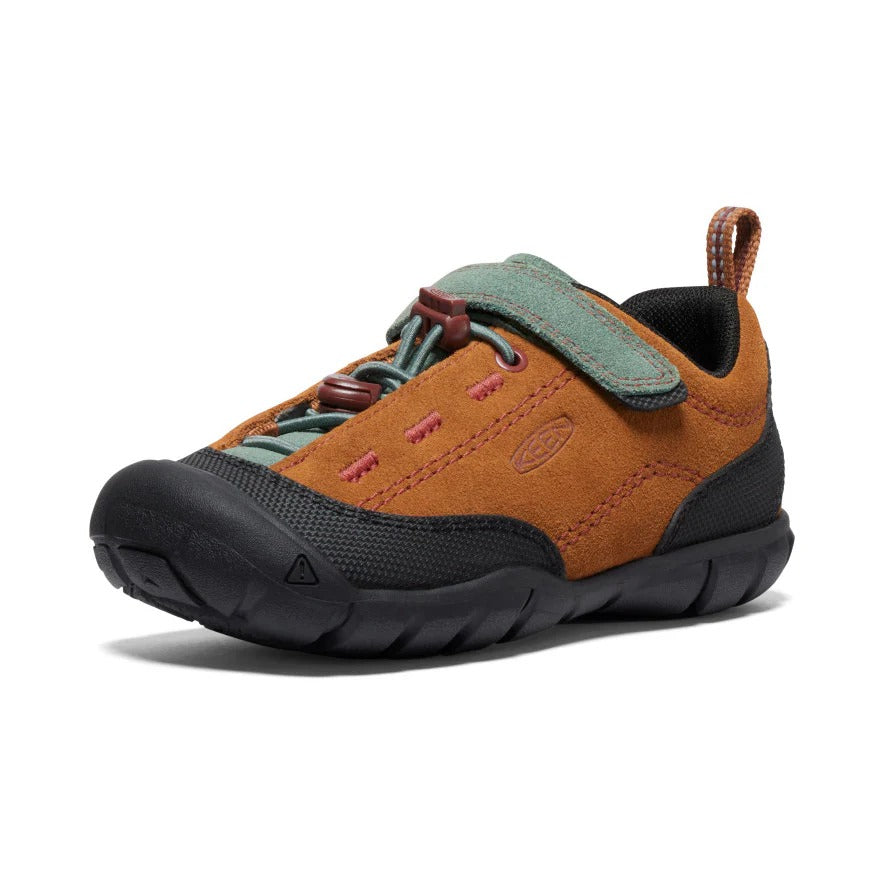 Keen Little Kids Jasper II toddler shoe; maple dark forest orange suede, green strap, black sole