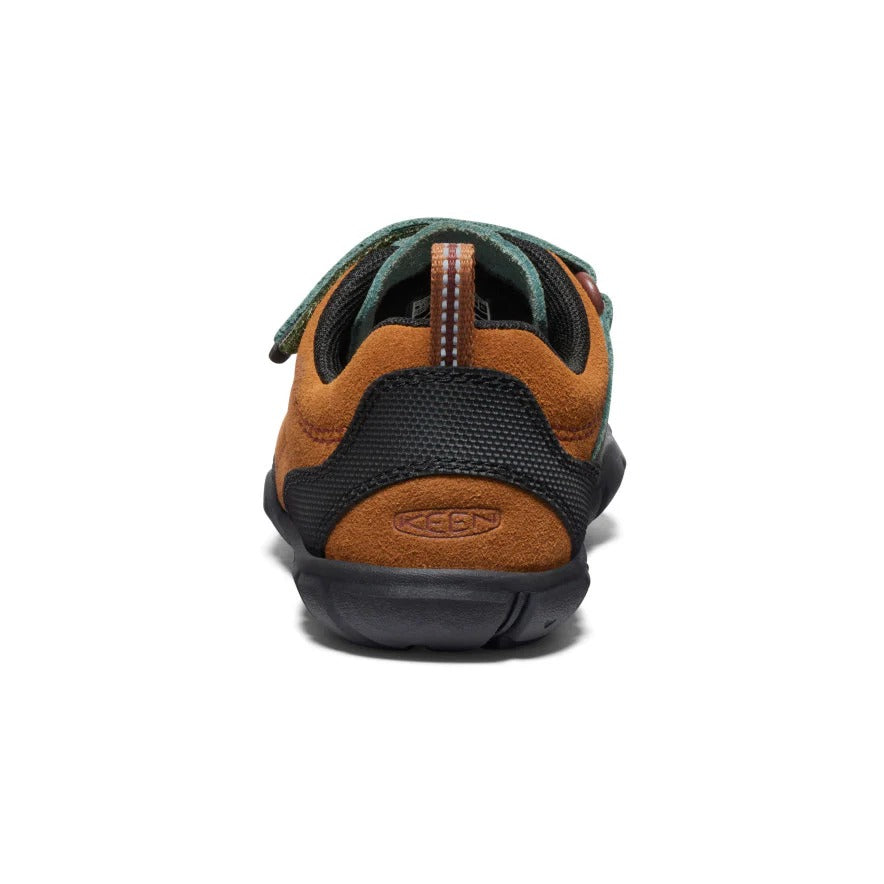 Keen Little Kids Jasper II Maple Dark Forest toddler shoe in orange suede with black heel, back view