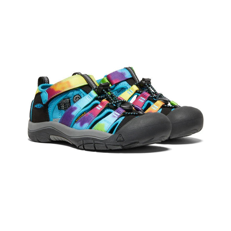 Keen Big Kids Newport H2 Sandal in multicolor straps with closed toe and rugged outsole, secured by bungee laces.
