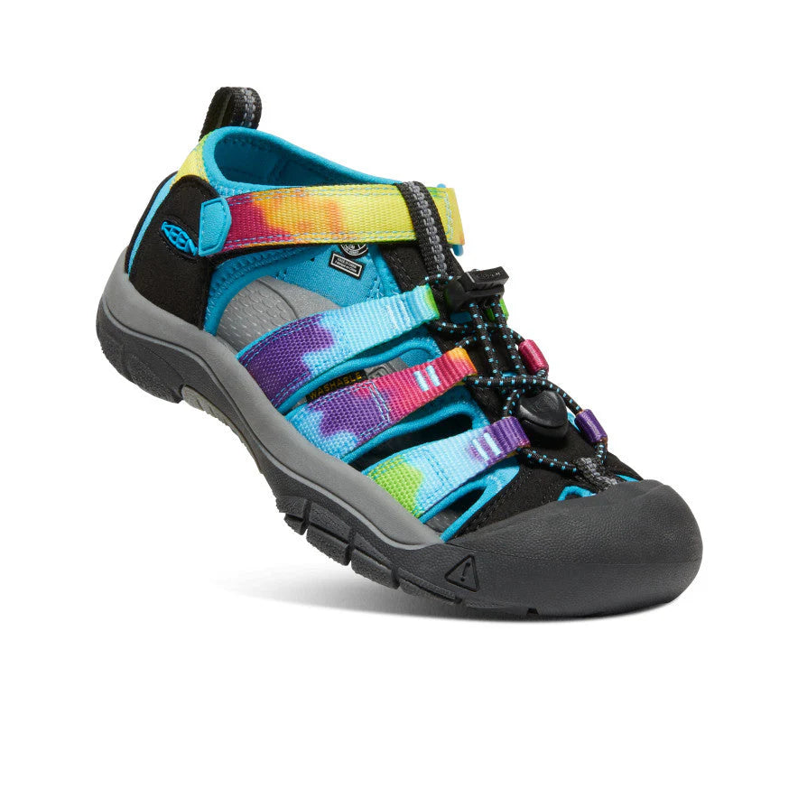 KEEN Big Kids Newport H2 sandal, teal with rainbow straps and closed toe; bungee laces secured by toggle.