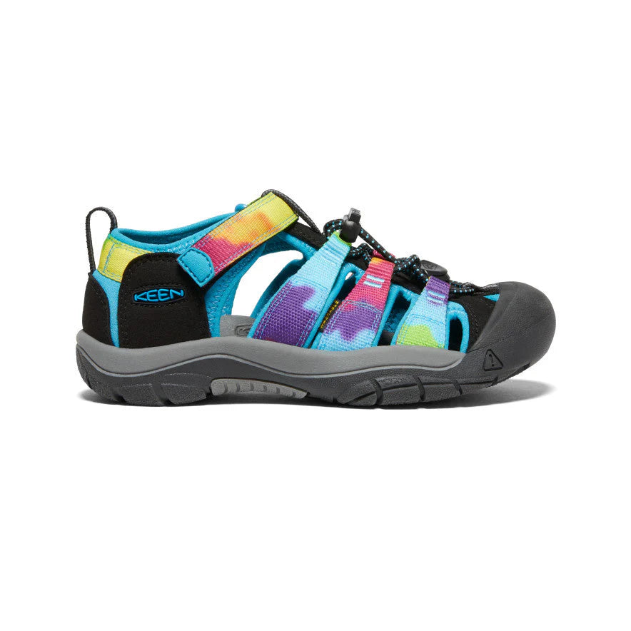 Keen Big Kids Newport H2 Sandal in multicolor straps with gray sole, showing secure adjustable strap and protective toe cap
