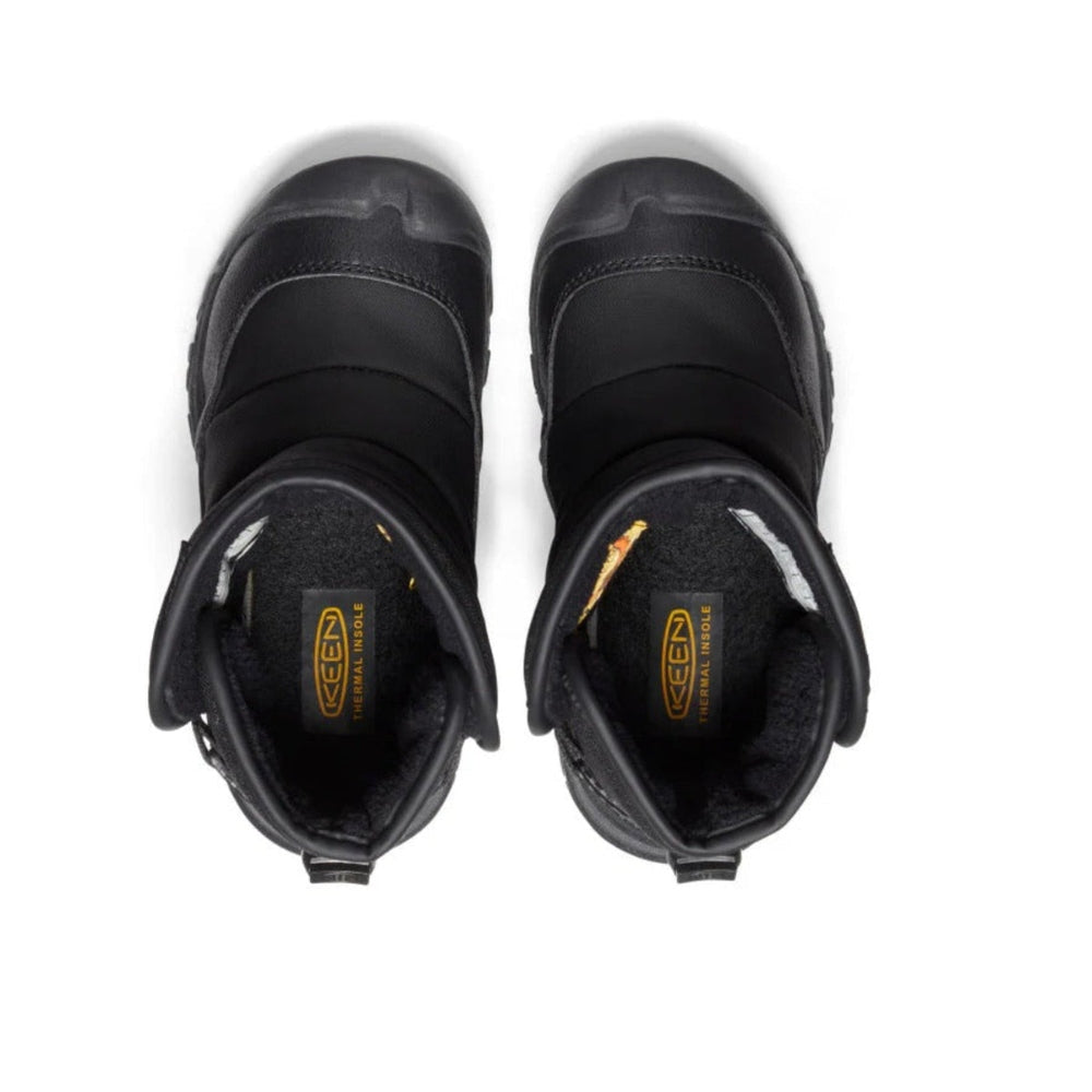 KEEN Little Kids' Puffrider Waterproof Winter Boot Black Steel Grey, pair of toddler boots with plush inner lining visible.
