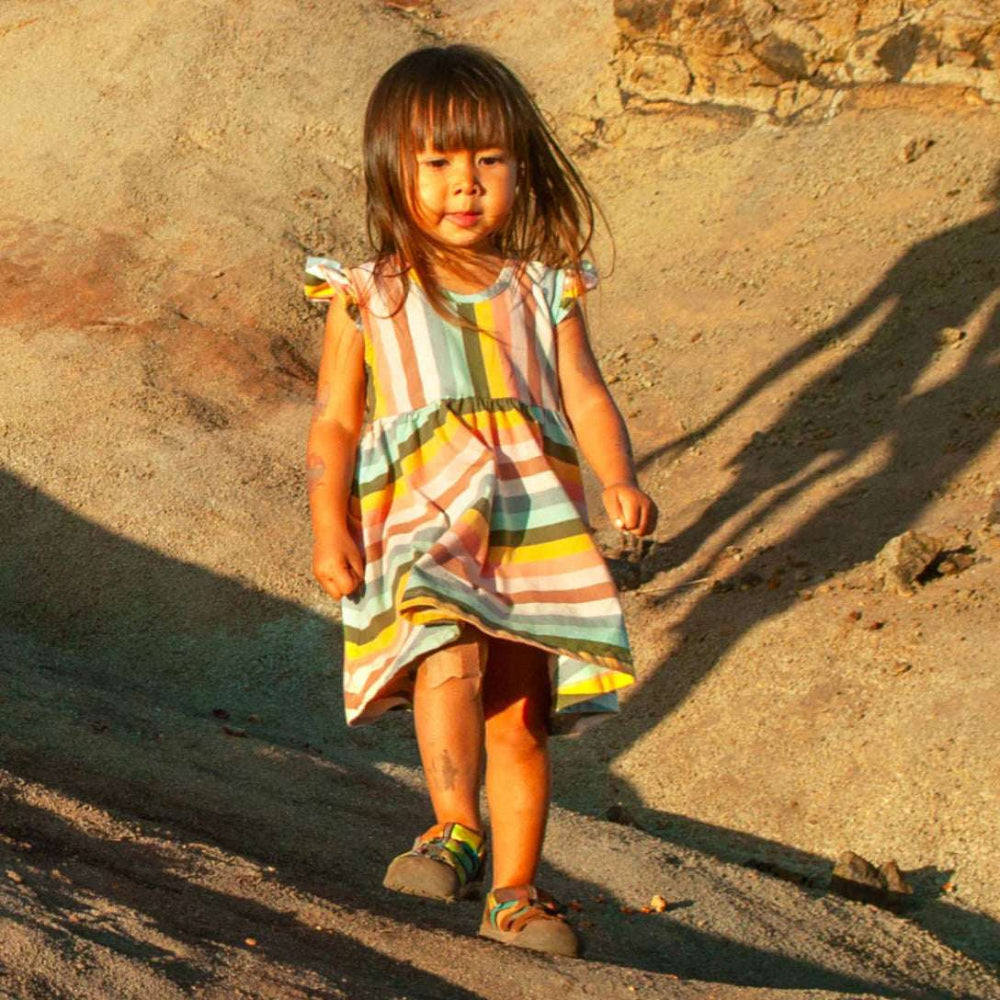 KEEN Toddlers Newport H2 sandal in multicolor straps worn by a young girl outdoors