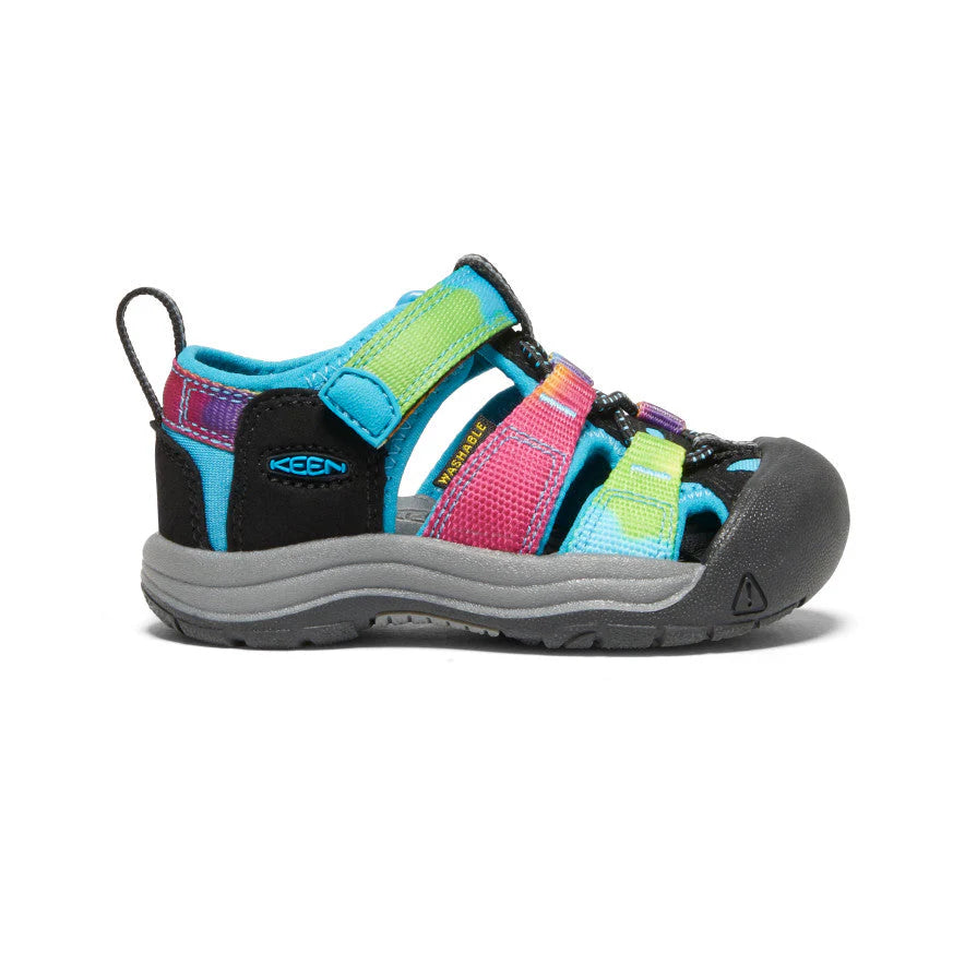 Keen Toddlers Newport H2 Sandal multicolor upper with blue teal pink lime straps and gray sole