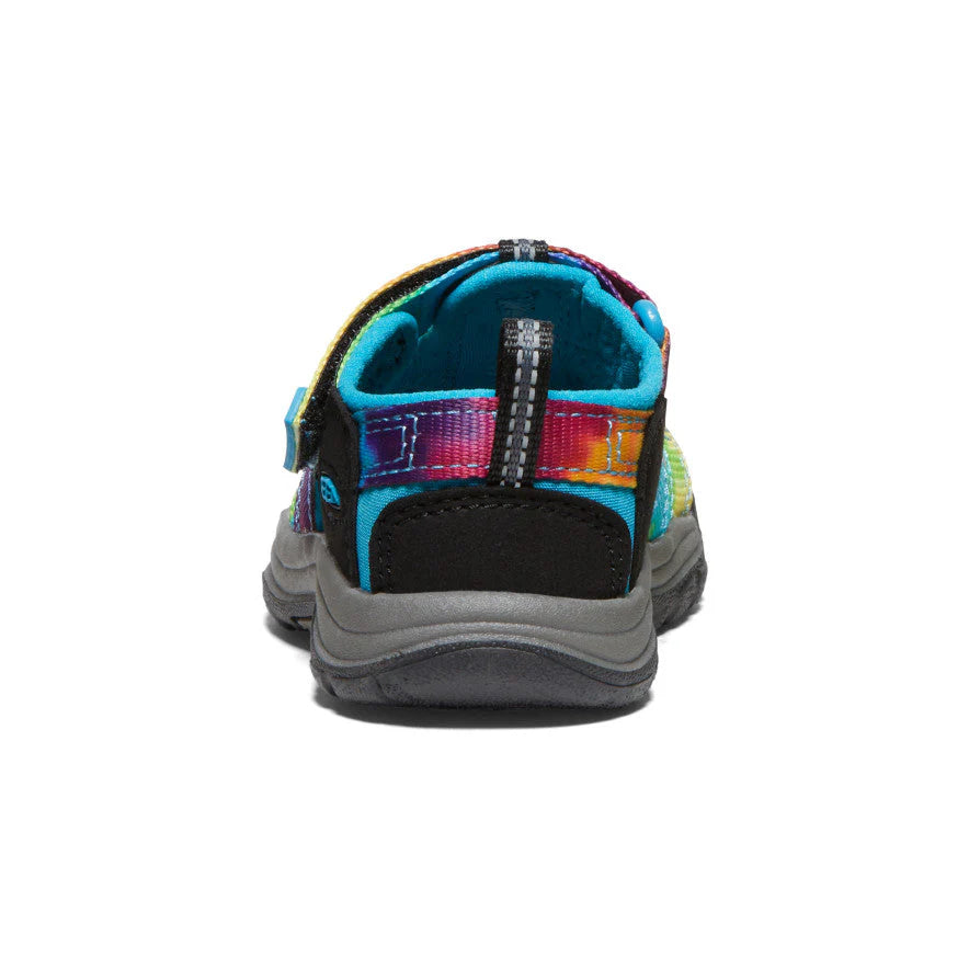 KEEN Toddlers Newport H2 sandal with multicolor rainbow straps, teal interior, and gray sole