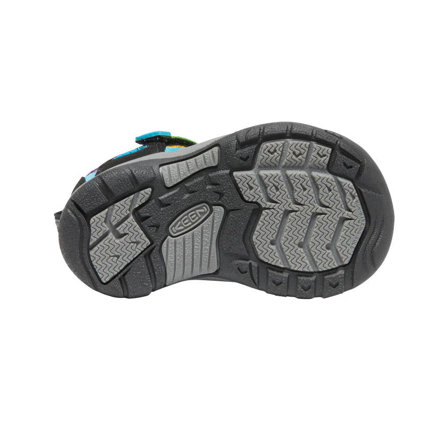 Keen Toddlers Newport H2 sandal sole with rugged tread; black/gray outsole and colorful upper straps