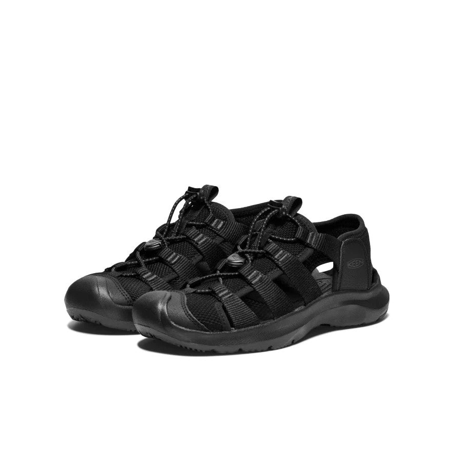 KEEN Women's Seanik H2 Sandal Black/Magnet; pair of black sport sandals with closed-toe and bungee lacing on display