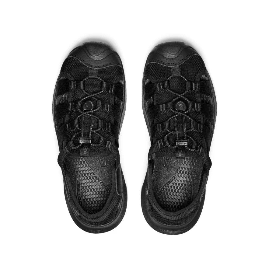 Keen Women's Seanik H2 Sandal Black/Magnet pair shown top-down with crisscross bungee laces.