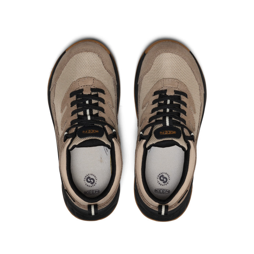 Keen Big Kids' Hightrail Waterproof Hiking Shoe Brindle/Oak Buff - paired shoes in a top view showing the closure and footbed