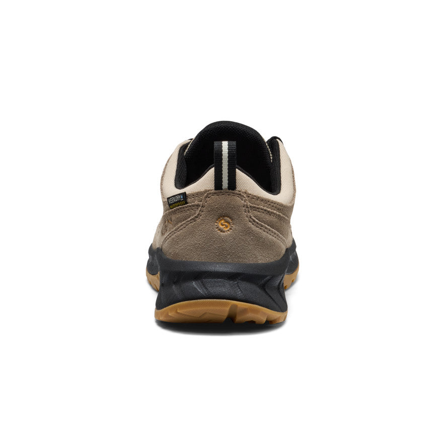 Keen Big Kids' Hightrail Waterproof Hiking Shoe Brindle/Oak Buff - heel view showing the rear pull tab and outsole