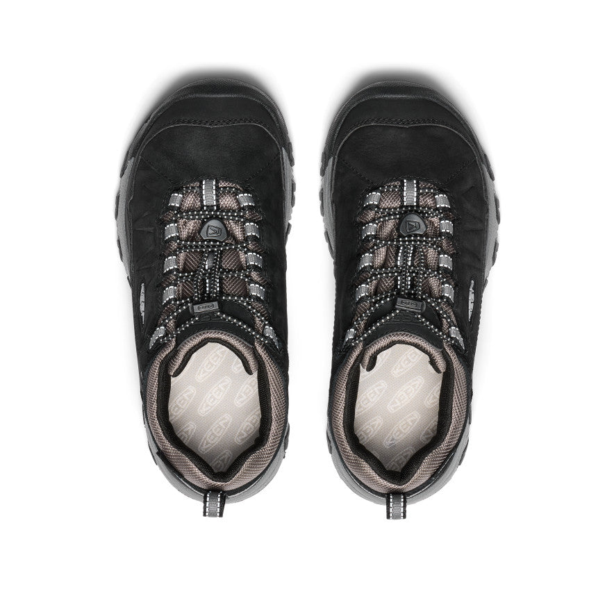 Keen Big Kids' Targhee IV Waterproof Hiking Shoe Black/Steel Grey - paired shoes in a top view showing the closure and footbed