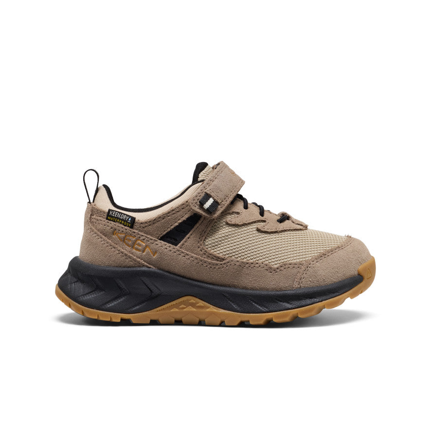 Keen Little Kids' Hightrail Waterproof Hiking Shoe Brindle/Oak Buff - side profile showing the upper and outsole