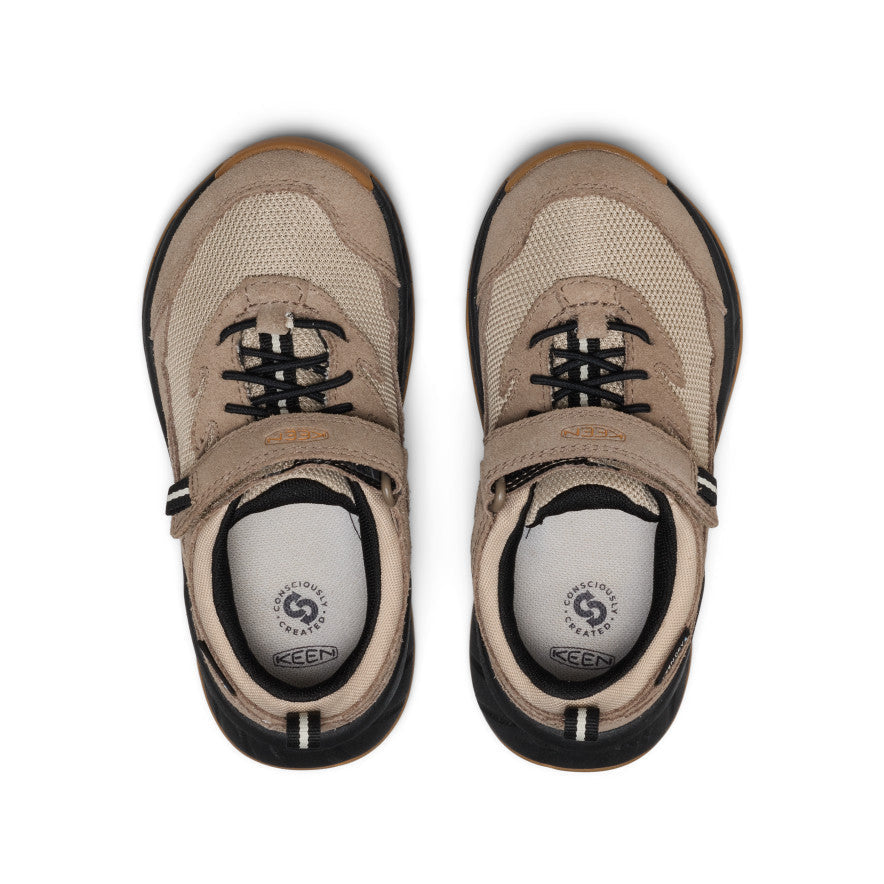 Keen Little Kids' Hightrail Waterproof Hiking Shoe Brindle/Oak Buff - paired shoes in a top view showing the closure and footbed