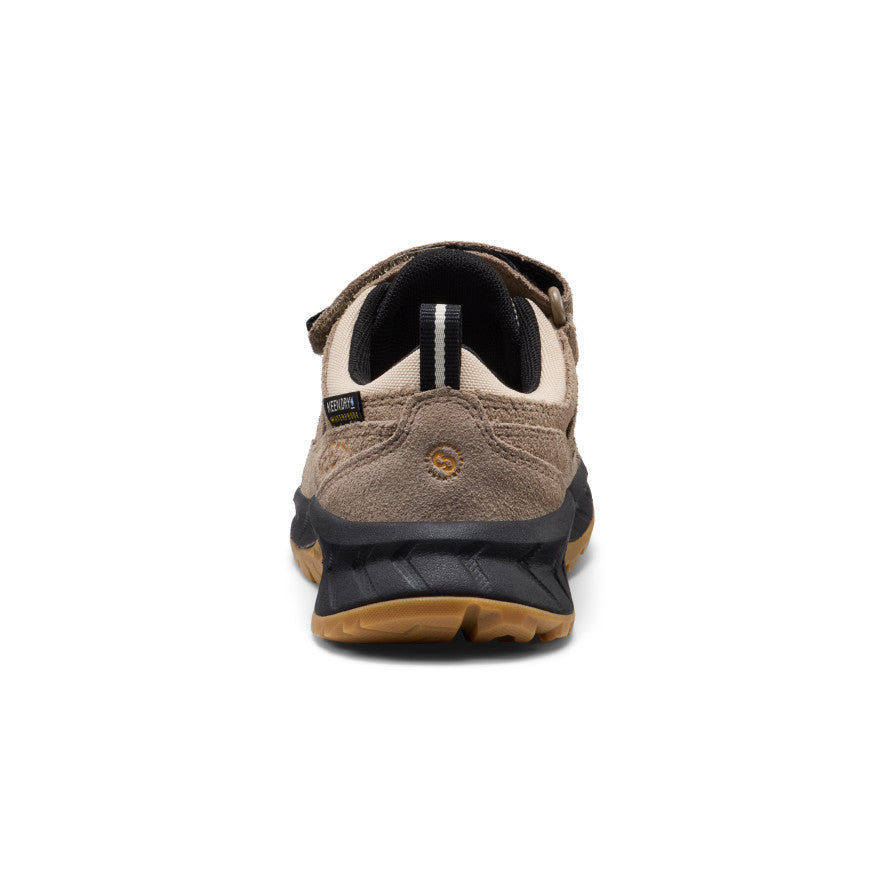 Keen Little Kids' Hightrail Waterproof Hiking Shoe Brindle/Oak Buff - heel view showing the rear pull tab and outsole