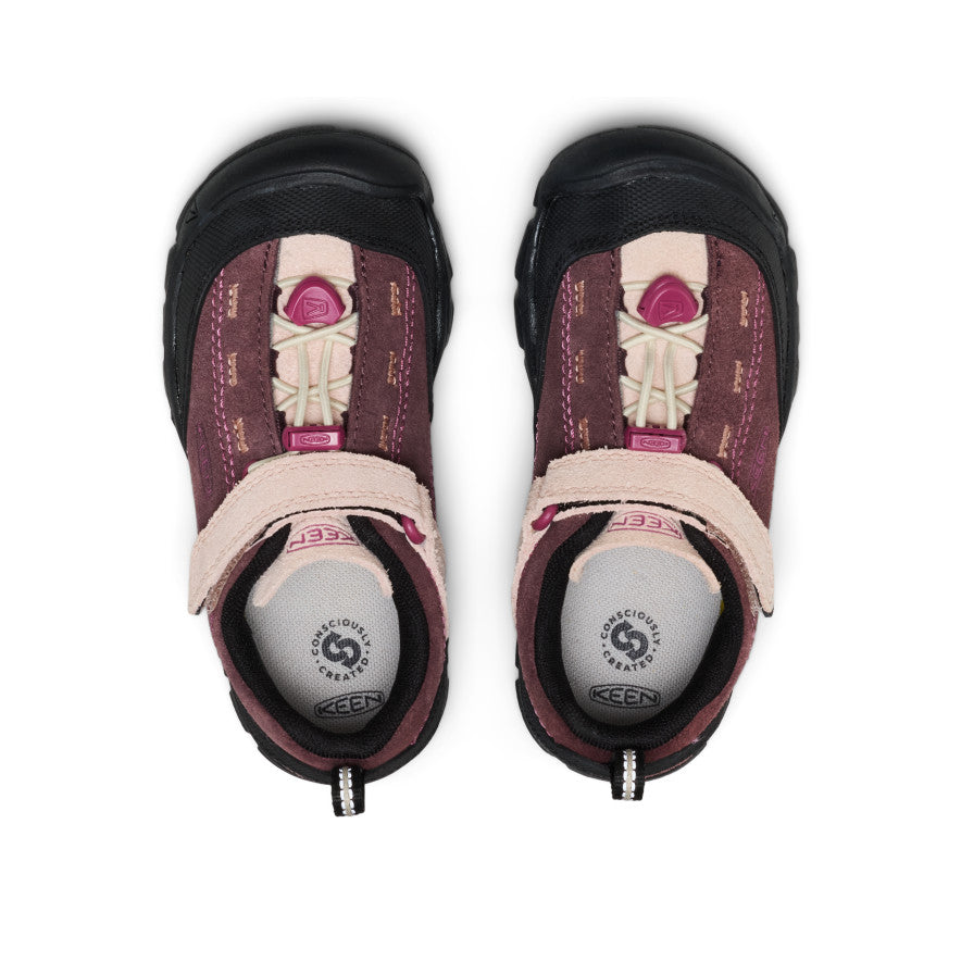 Keen Little Kids' Jasper II Huckleberry/Cameo Rose - paired shoes in a top view showing the closure and footbed