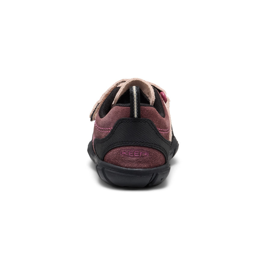 Keen Little Kids' Jasper II Huckleberry/Cameo Rose - heel view showing the rear pull tab and outsole