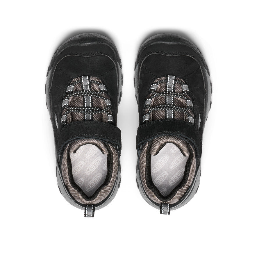 Keen Little Kids' Targhee IV Waterproof Hiking Shoe Black/Steel Grey - paired shoes in a top view showing the closure and footbed