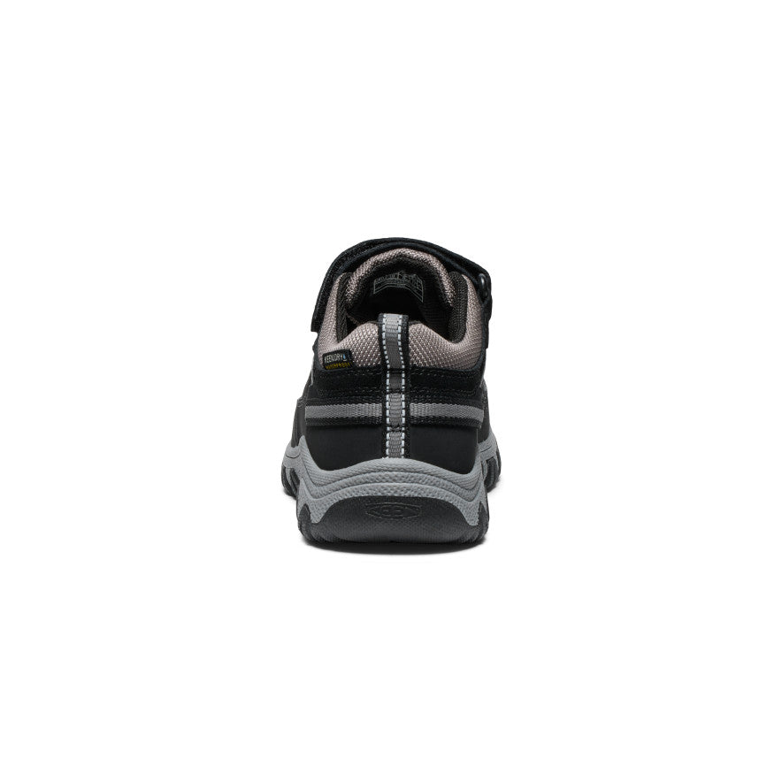 Keen Little Kids' Targhee IV Waterproof Hiking Shoe Black/Steel Grey - heel view showing the rear pull tab and outsole