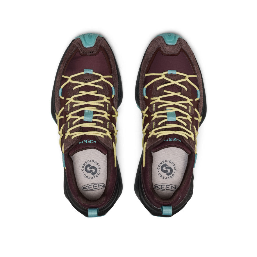 Keen Women's UNEEK Trekker Sneaker Huckleberry/Lemon Grass - paired shoes in a top view showing the closure and footbed