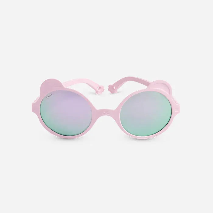 Ki Et La Ourson Light Pink sunglasses for babies with iridescent mirrored lenses, displayed on white background