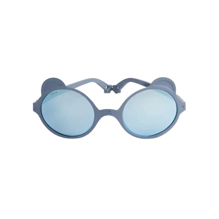 Ki Et La Ourson Sunglasses for babies in silver-blue with round mirrored lenses and bear-ear frame on white background.