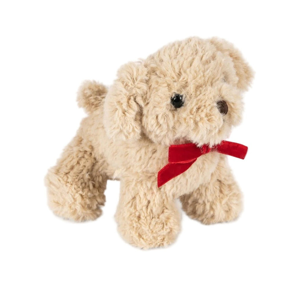 Konges Slojd Baby Animals plush dog in beige with a red ribbon bow for babies