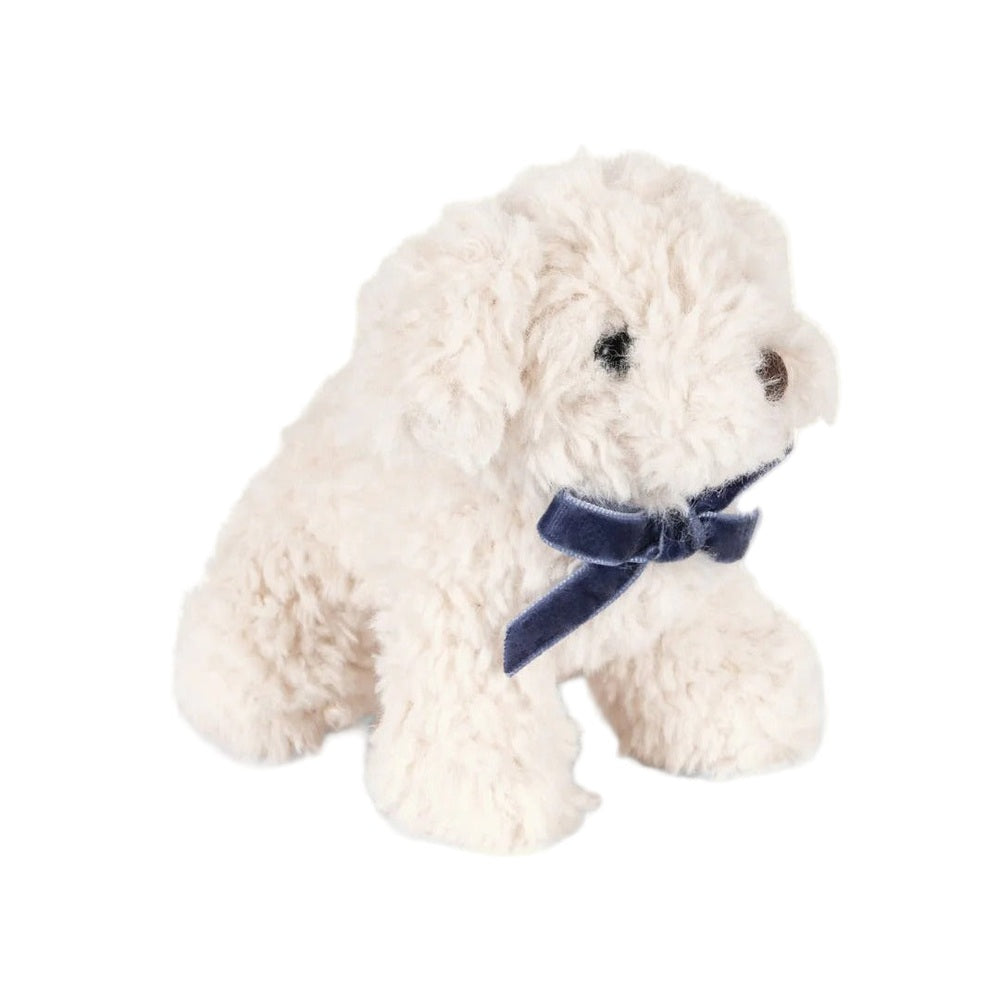 Konges Slojd Baby Animals plush toy dog in cream fur with navy ribbon bow, soft