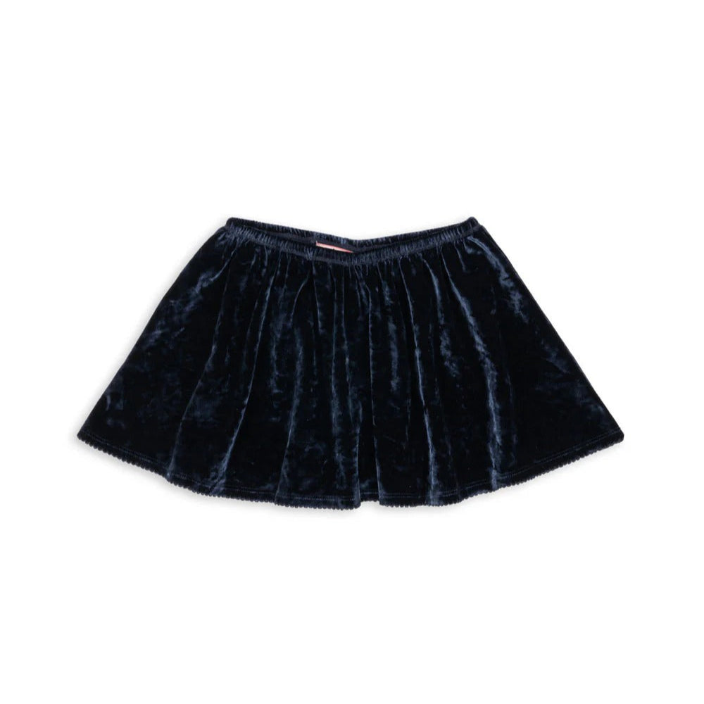 Konges Slojd Carlito Skirt Navy Blazer laid flat, showing soft velvet texture and elastic waistband.