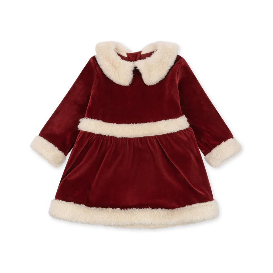 Konges Slojd Christmas Dress Red Dahlia, red velvet baby dress with cream faux-fur collar and cuffs