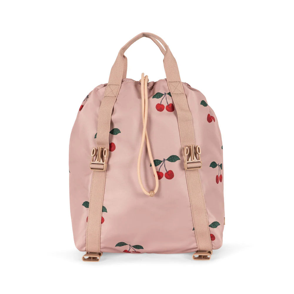 Konges Slojd Clover schoolbag in pink cherry print with beige straps