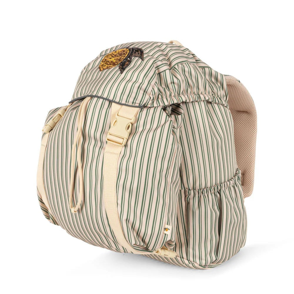 Konges Slojd Clover schoolbag backpack, beige cream with green stripes and bee patch