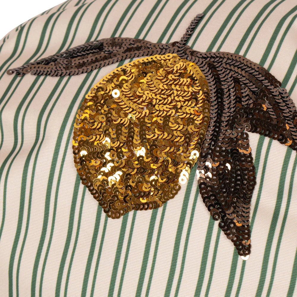 Konges Slojd Clover Schoolbag with gold sequin bird applique on striped fabric background