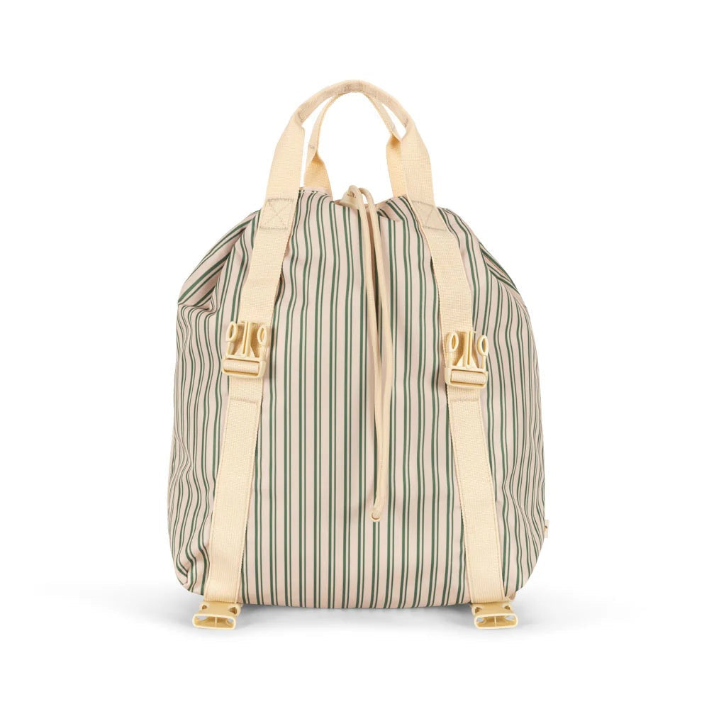 Konges Slojd Clover schoolbag backpack with beige straps and green striped fabric
