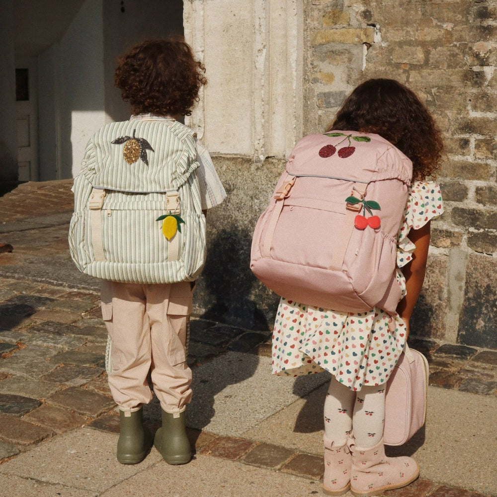 Konges Slojd Clover schoolbags; green striped backpack with fruit patch and pink cherry backpack (set of 2)