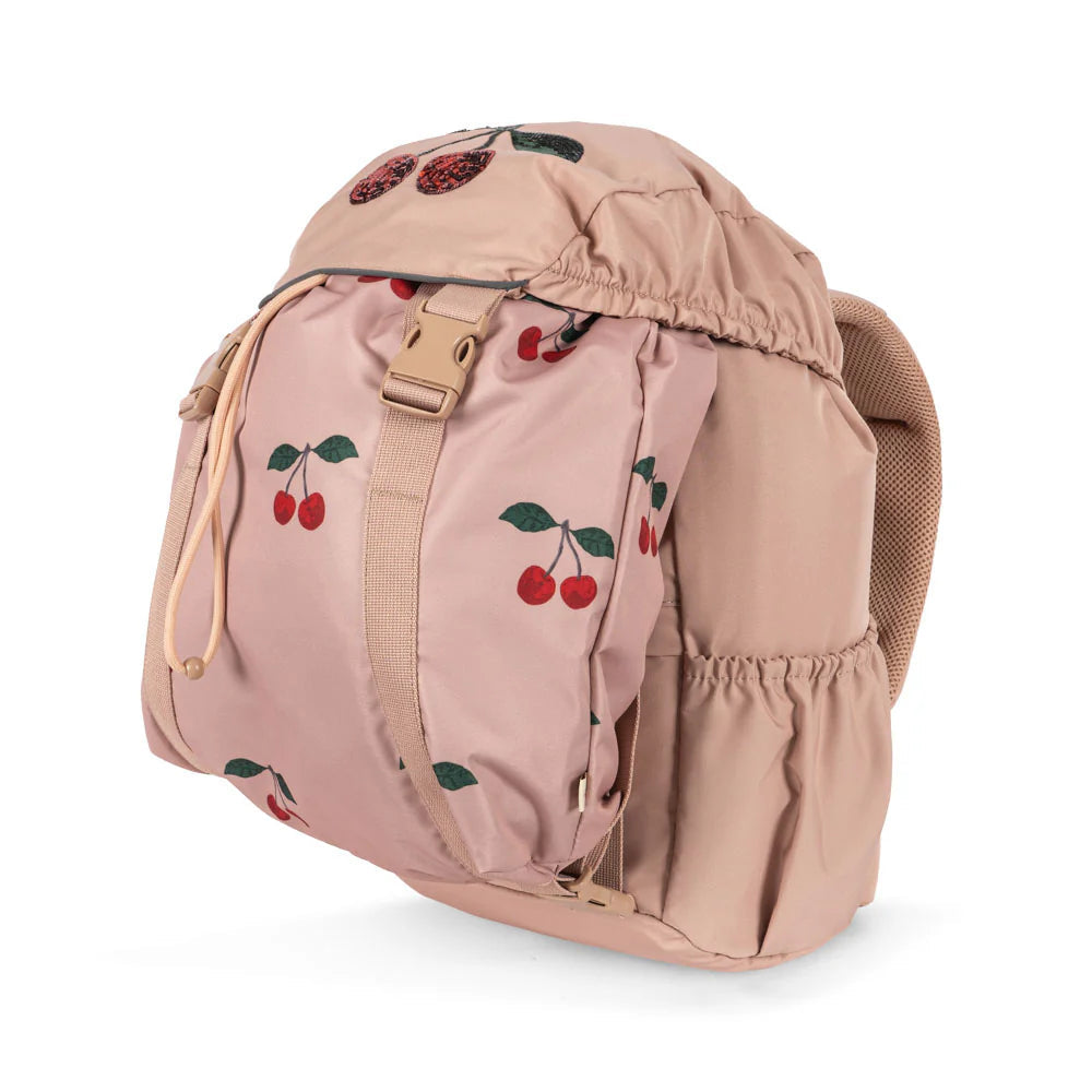 Konges Slojd Clover schoolbag in pink with cherry print; adjustable straps and side pocket