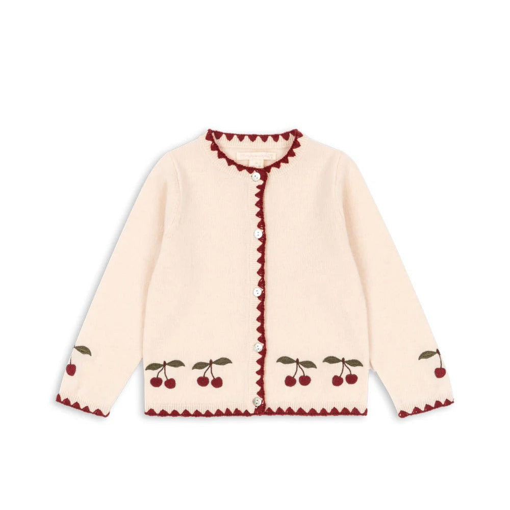 Konges Slojd Collette Cardigan Off White: cream knit with red trim and cherry motifs, button-front
